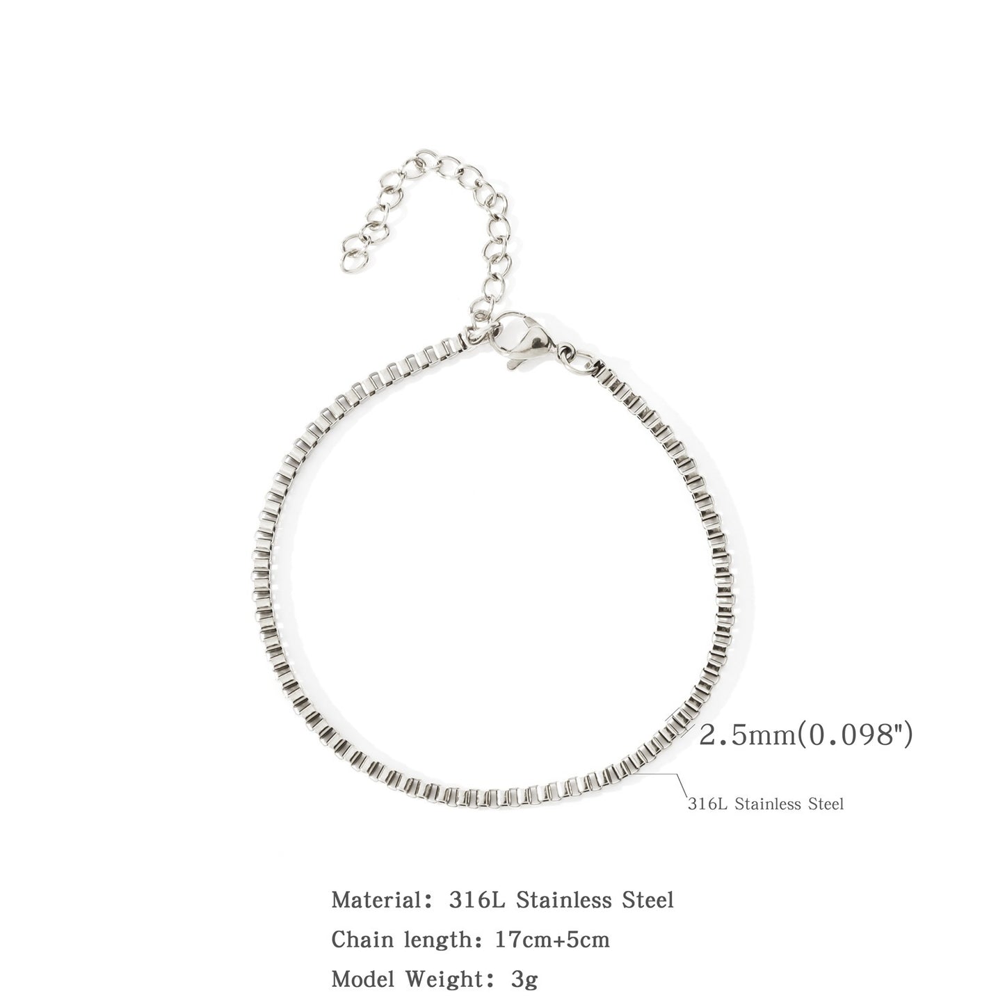 15202530mm Stainless Steel Square Bag 18K Bracelet Does Not Fade