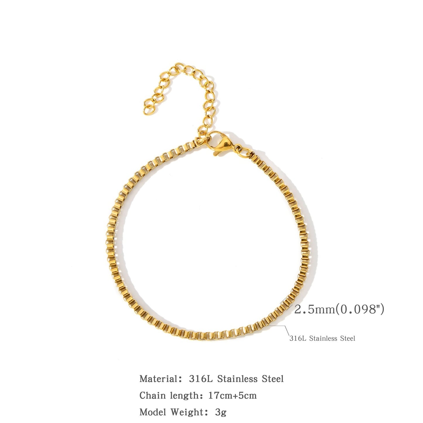 15202530mm Stainless Steel Square Bag 18K Bracelet Does Not Fade