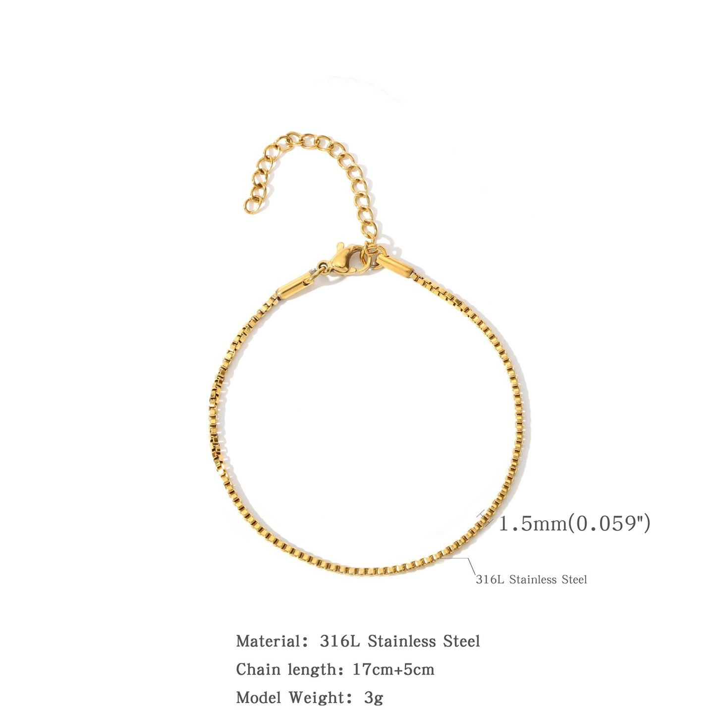 15202530mm Stainless Steel Square Bag 18K Bracelet Does Not Fade