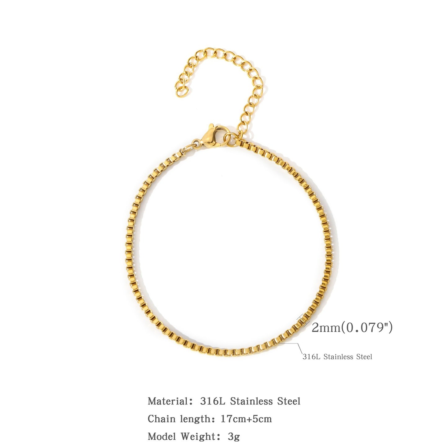 15202530mm Stainless Steel Square Bag 18K Bracelet Does Not Fade