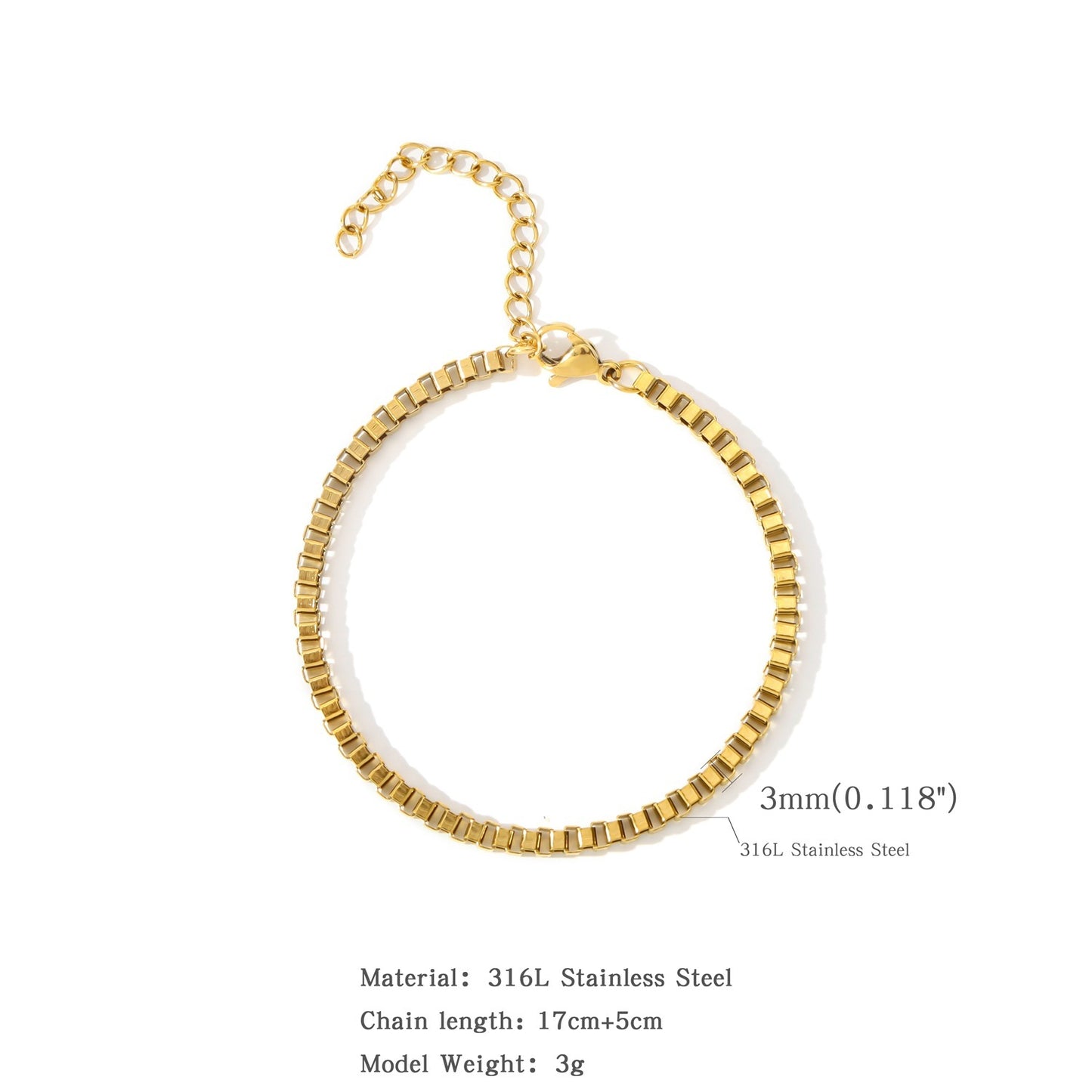 15202530mm Stainless Steel Square Bag 18K Bracelet Does Not Fade